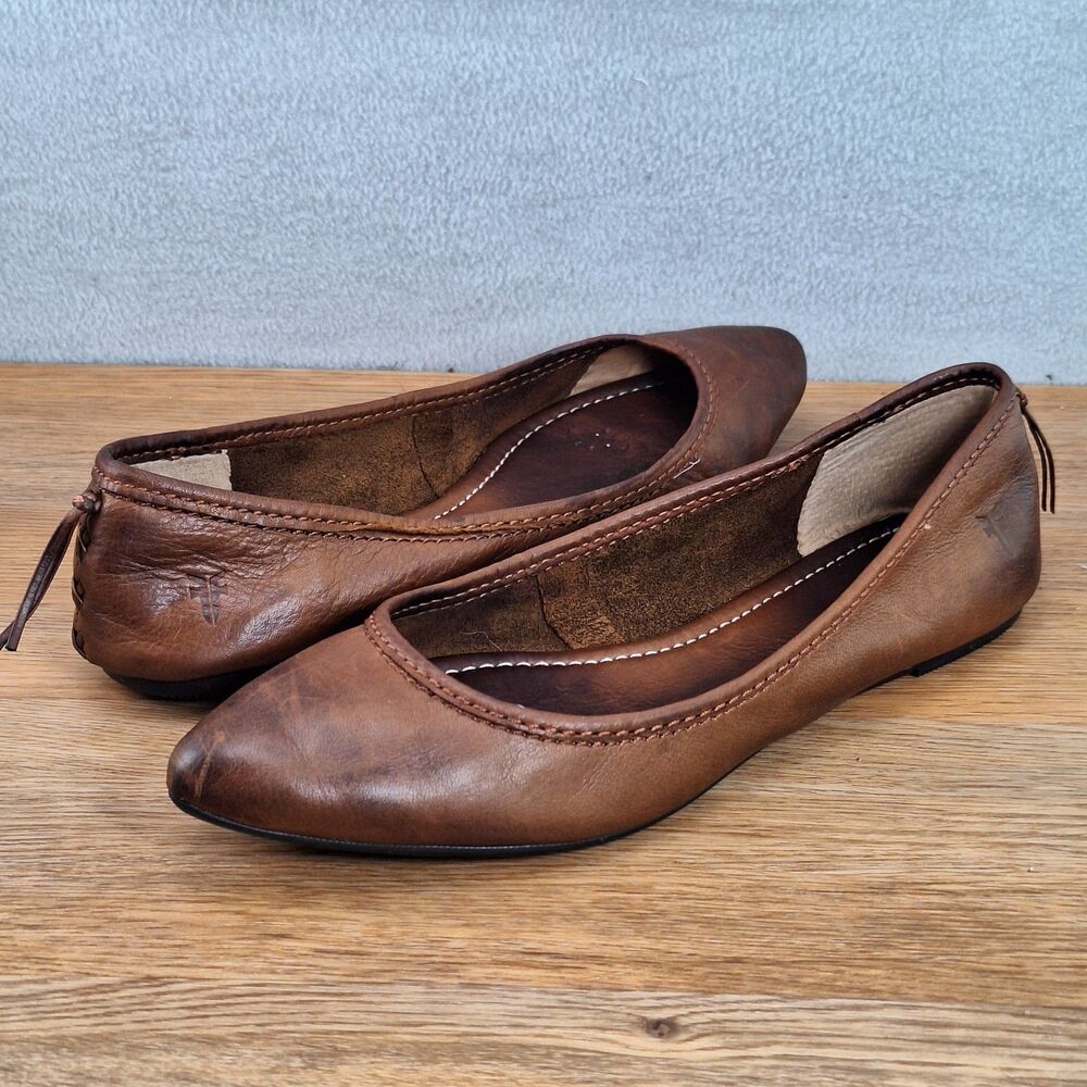Frye Regina Women's 8 Pointed Toe Ballet Flats Cognac Leather Slip-On Distressed